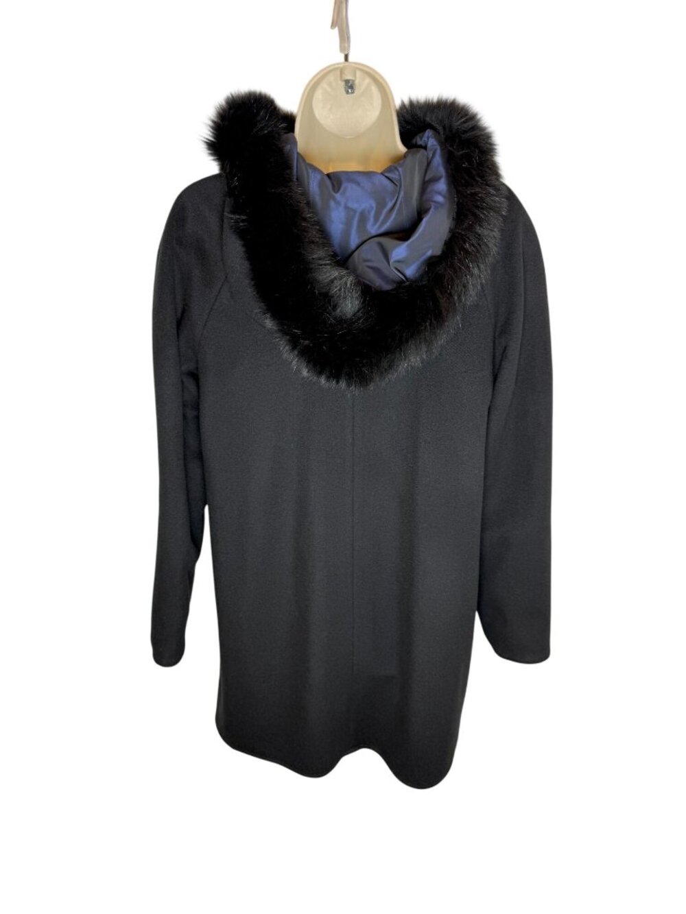 Sofia Cashmere Reversible Car Coat Fox Trimmed Hood Black Blue - Size 2 - Picture 5 of 9